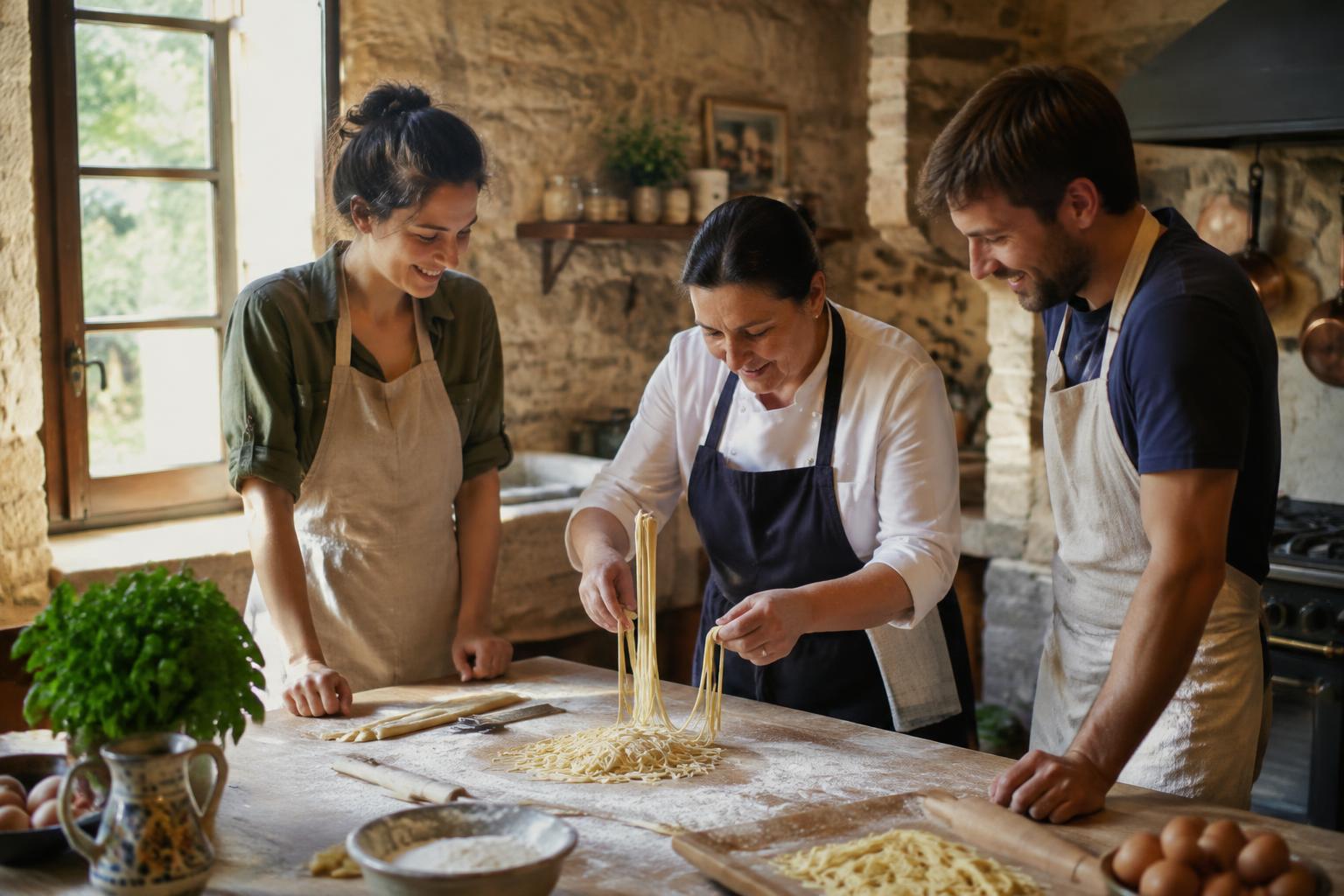 Travelers making pasta with a local Italian chef
